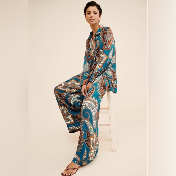 FARM Rio Leopard Paisley Satin Button-down Shirt & Pant Set XS